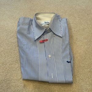 Harmont & Blaine blue and white striped button down with pocket detail